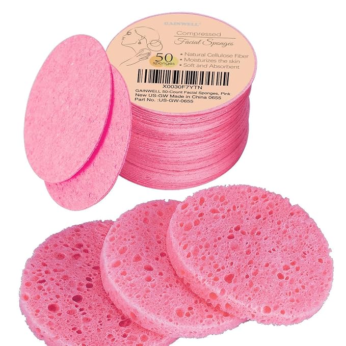 GAINWELL 50-Count Compressed Facial Sponge for Daily Facial Cleansing and Exfoliating, 100％ Natural Cosmetic Spa Sponges for Makeup Remover, Reusable, Pink