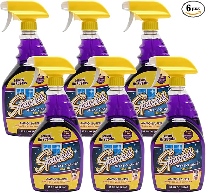 Sparkle Glass Cleaner, Ammonia-Free Streak-Free Formula, 33.8 fl oz Spray Bottle, Safe for Windows, Mirrors & Glass Surfaces (Pack of 6)