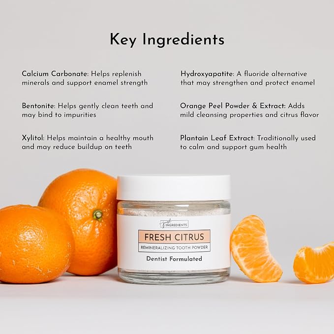 JUST INGREDIENTS Remineralizing Tooth Powder Citrus - Fluoride-Free - 1 oz | Mineral Oral Care, Calcium Carbonate, Bentonite Clay, Plaque Control, Enamel Support, Vegan, Non-GMO, Spout Bottle, Adult Use