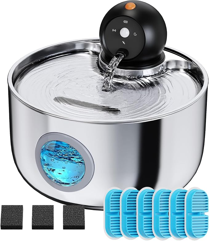 Cat Water Fountain Battery Operated: Cat Fountain with 6 Filter & 3 sponges | 88oz/2.6L Cordless Pet Dispenser for Cats Indoor with Motion Sensor - Wireless Automatic Quiet Waterer for Small Animal