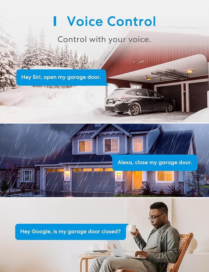meross Smart Garage Door Opener Remote Work with HomeKit, Alexa and Google | Compatible with SmartThings, CarPlay, Siri, and Android, App and Voice Control, Auto Close, Easy to Install, No Hub Needed