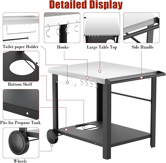 Grill Table Stand with Wheels, 24.4" x 38.3" x 30.9" | Extra-wide prep table for Ninja Woodfire, Blackstone griddles and pizza ovens, movable outdoor workspace
