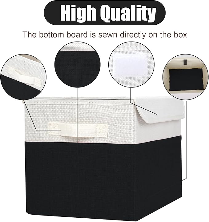 Bagnizer Large 22 Quart Linen Fabric Foldable Storage Bin Cube Organizer Basket with Flip-Top Lid & Handles, Clothes Blanket Box for Home, Office, Closet, Black & White, 4 Pack 14.6 x 9.5 x 9.5
