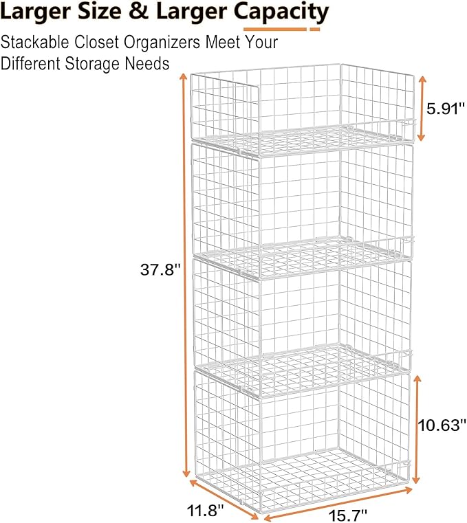 Yociyoga 4 Tier Stackable Closet Organizers and Storage Shelves, Foldable Closet Shelf Organizer System, Stackable Storage Bins Drawers for Clothes Organizer System, White（Patent No. 30022416）