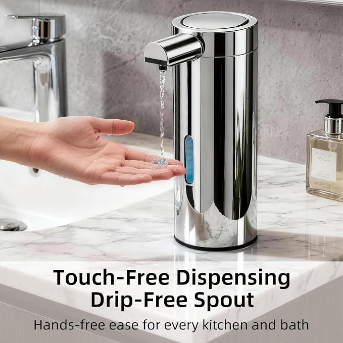 Automatic Soap Dispenser, 12 fl oz, Stainless Steel, Touchless, Silver | Liquid Hand Soap Dispenser, Variable Dispense, Rechargeable, No-Drip Spout, For Kitchen and Bathroom