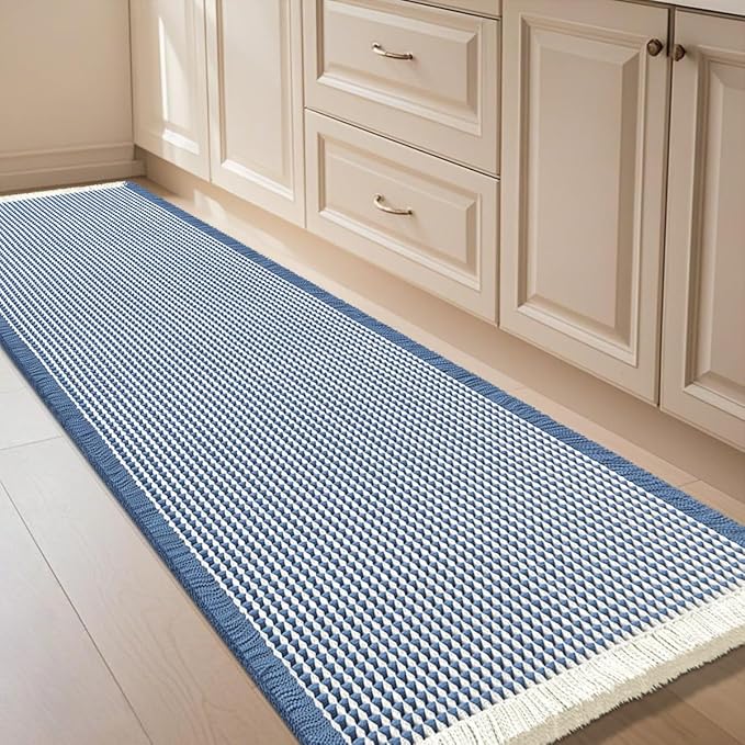 IM HOME Waffle Bath Mat Blue & Cream 4'x2', Boho Woven Modern Bath Mat Rugs, Absorbent Non Slip Bathroom Rugs, Soft Washable Bath Rugs with Tassels for Bathroom, Bedroom, Kitchen, Shower, Tub