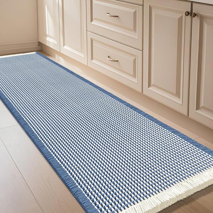 IM HOME Waffle Bath Mat Blue & Cream 5'x2', Boho Woven Modern Bath Mat Rugs, Absorbent Non Slip Bathroom Rugs, Soft Washable Bath Rugs with Tassels for Bathroom, Bedroom, Kitchen, Shower, Tub
