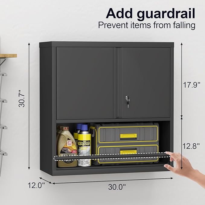 GREATMEET 31" H Metal Garage Storage Cabinets with Doors and Shelves, Lockable Storage Cabinet with Lock, Black Hanging Cabinets for Wall, Wall Mount Cabinet for Utility Room