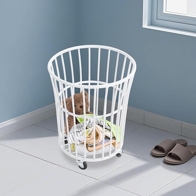 Rolling Laundry Hamper with Wheels Metal Wire Laundry Basket Cart Heavy Duty Clothes Toy Sundries Storage Organize Hamper Bin for Living Room Bathroom Closet Bedroom (White, Round 4)