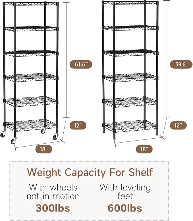 Golpart Small 6 Tier Shelves Storage Wire Shelving Unit Metal Shelf Adjustable Organizers Storage Shelving with Wheels for Bathroom Laundry Room Kitchen Pantry11.7”D x 17.7”W”W x 61.6”H Black