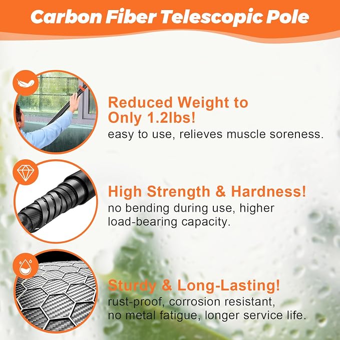 18FT Reach Carbon Fiber Window Squeegee with Extension Pole | 50% lighter than aluminum poles, lightweight sturdy and anti-corrosion. 3/4 threaded tip fits plenty of tool accessories