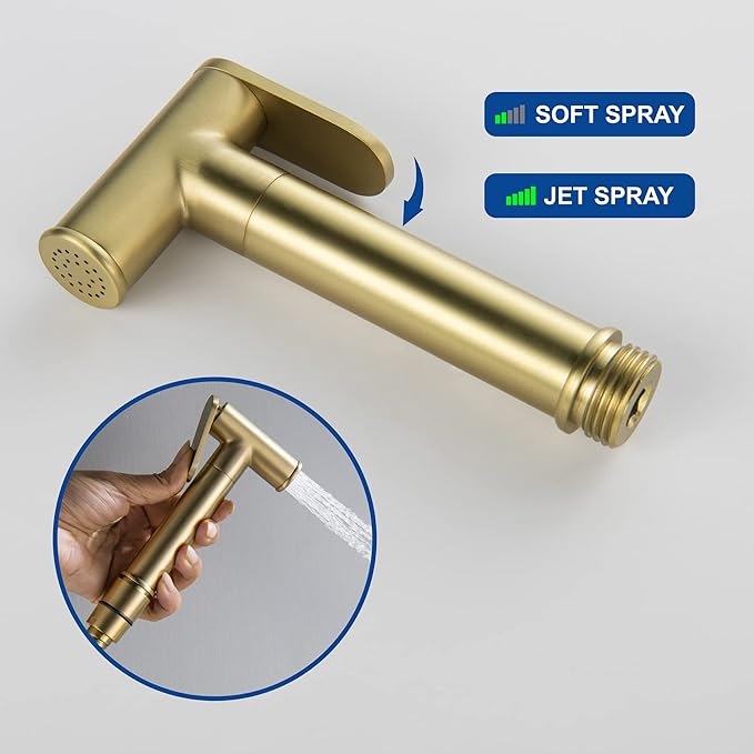 SHAMANDA Warm Water Bidet Sprayer for Toilet with Hot and Cold Brass Rough-in Valve, Stainless Steel Round Handheld Bidet Attachment Set for Feminine, Pets and Baby Diaper Wash, Brushed Gold, BDS09-3