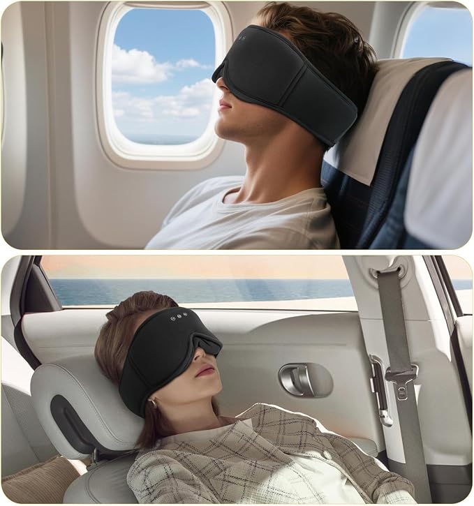 Bamboo Cotton Large Sleep Mask with Bluetooth Wireless Headphones - Blackout Eye Mask for Sleeping 3D Contoured Sleep Headband Ear Muffs Lengthen & Low Noise Hook for Better Experience (Black)