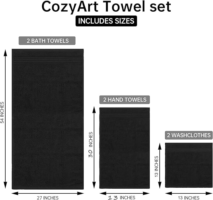 COZYART Luxury Bath Towel Set 6 Pcs, Black 100% Turkish Cotton 650 GSM | OEKO-Tex 100 Certified Zero Twist Ring Spun, Soft Absorbent Quick Dry, Plush Fluffy, Breathable Hotel Quality for Daily Use