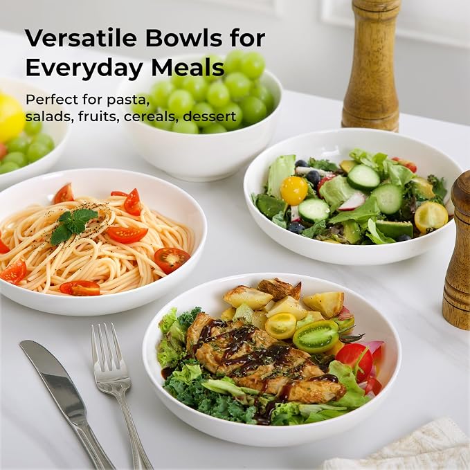 Y YHY 7.8'' Pasta Bowls for Small Portions, 22 Ounce Salad White Bowl Plates Set of 6, Porcelain Dishes for Serving Dinner - Dinnerware Sets Microwave Dishwasher Safe Thanksgiving Day Gift