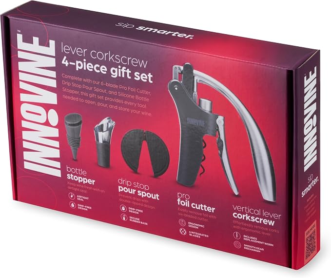 Innovine Level Corkscrew 4-Piece Wine Tool Set – Vertical Lever Corkscrew, 6-Blade Foil Cutter, Drip Stop Pour Spout & Silicone Bottle Stopper – Complete Wine Accessories for Home Bar & Gifting