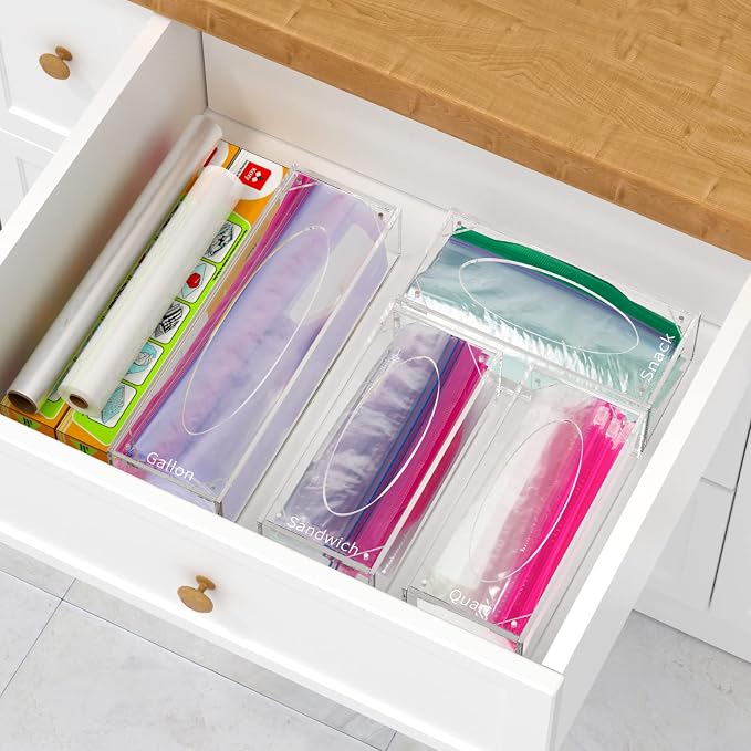 FEMELI Food Bag Storage Organizer Acrylic Kitchen Drawer Baggie Box Clear | 4 Separate Pack Compatible with Gallon, Slider Quart, Freezer, Sandwich, Snack, Variety Size Bags