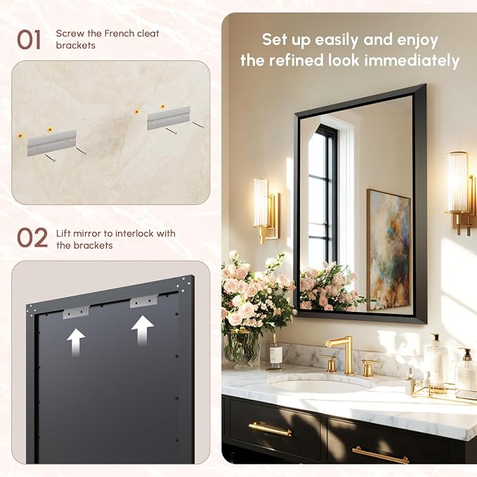 USHOWER 30x40 Inch Floating Bathroom Mirror - Brushed Black Wall Mirror for Over Sink, Beveled Aluminum Frame, Anti-Rust, Rectangular HD Reflection Large Vanity Mirror(Copper-Free Silver Coating)