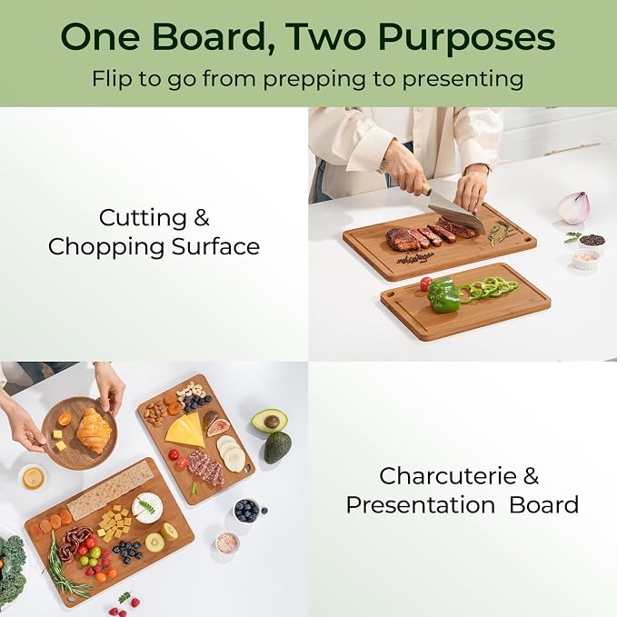 Keechee Carbonized Bamboo Cutting Board Set of 2, Wood Kitchen Boards | Deep juice grooves, built-in handles, 2 sizes for raw meat and vegetable separation, daily prep