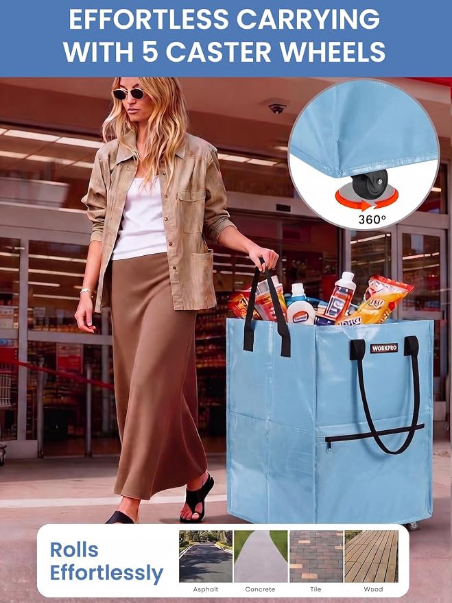 WORKPRO Large Rolling Grocery Bag, 36-Gallon Rolling Tote with 5 Wheels | Reusable Grocery Bag on Wheels, Holds Up to 110 lbs, Heavy Duty Rolling Tote for Groceries, Laundry, Moving & Back to School