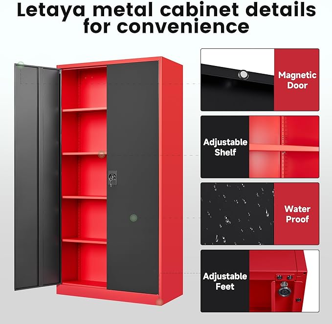 Metal Storage Cabinets with Lock, 71" Tall Locker Organizer Steel Cabinets, Adjustable Shelves 2 Doors for Home, Office, Warehouse,Garage,Industrial,Employee Lockers (Style B, Black Red)