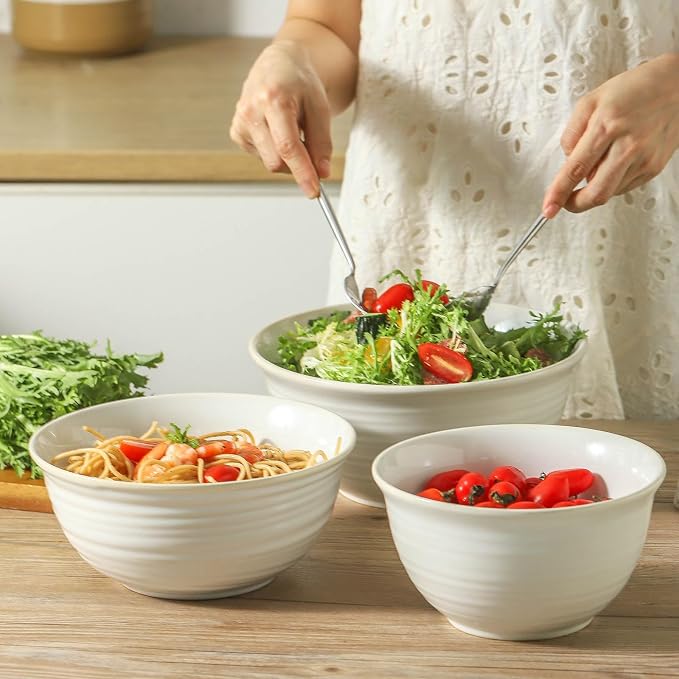 HASENSE Ceramic Mixing Bowls Set, 2.1/1.0/0.5 Qt, Handmade Salad Serving Bowls for Kitchen, Deep Nesting Dishes for Storage and Baking, Microwave Dishwasher Safe, Clay-Infused White
