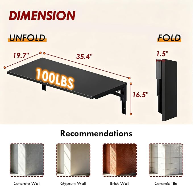 Need 36x20IN Wall Mounted Folding Table for Office Laundry Black | Black Frame Fold Down Wall Mount Desk Folding Wall Table for Small Apartment, Garage&Ironing Station