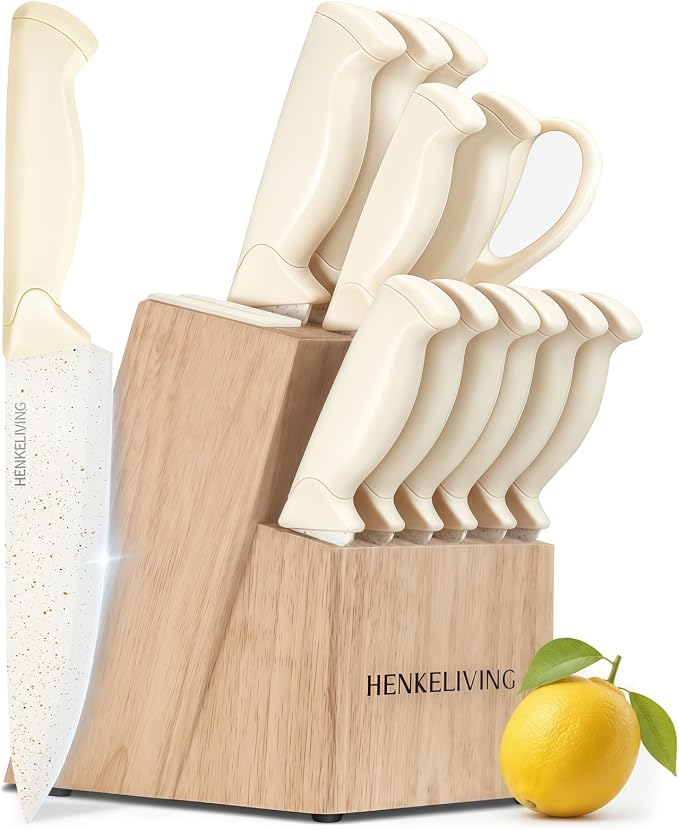 14-Piece Cream Kitchen Knife Block Set with Built-in Sharpener | Dishwasher safe, german high-carbon stainless steel blades, ultra-sharp edges, ergonomic non-slip handles
