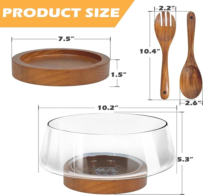 Extra Large Glass Salad Bowl Set, Clear Salad Bowl with Solid Wood Base Servers, Elegance Salad Serving Bowls for Kitchen Utensils and Party