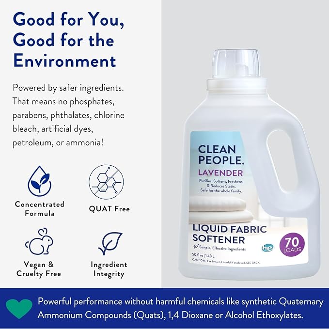 Clean People All Natural Liquid Fabric Softener - Plant-Based, Eco Friendly - Naturally Softens & Removes Static Cling - Vegan - Lavender Scented Laundry Softener - 50 fl oz - 70 loads