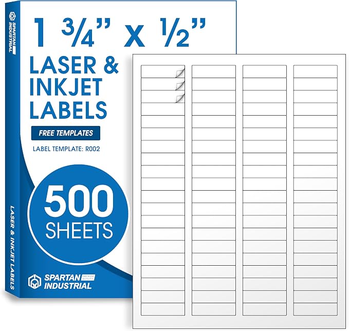 1.75" X 0.5" Matte White Return Address Labels (500 Sheets, 40000 Stickers) Mailing Labels for Envelopes, File Folder Stickers for Laser & Inkjet Printers - Spartan Industrial Template R002