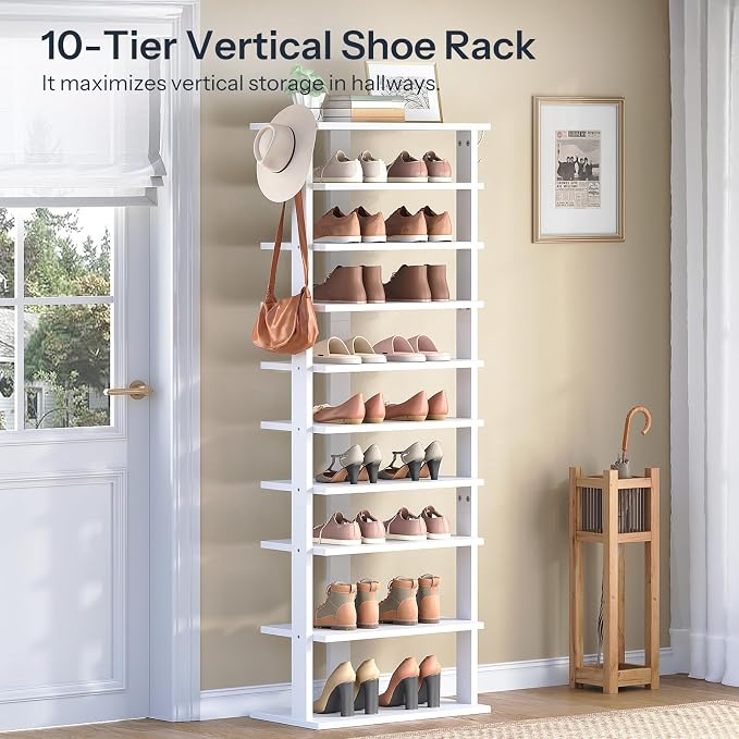 HOOBRO 10 Tiers Vertical Shoe Rack, Wooden Shoe Storage Organizer with Hooks, Narrow Shoe Tower for 20 Pairs, Space Saving, for Entryway, Living Room, Bedroom, White WT140XJ01