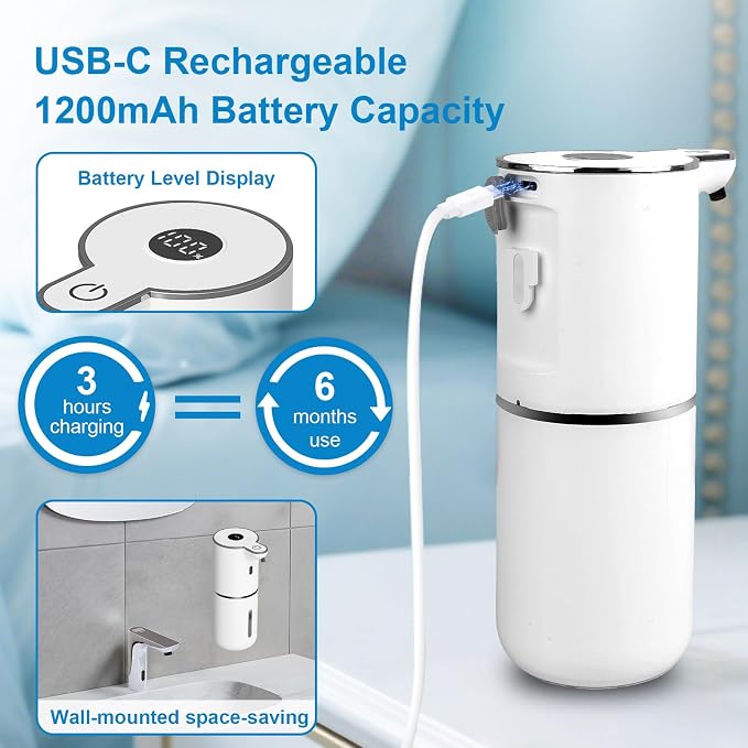 OHIFAST Automatic Foaming Soap Dispenser Touchless, USB Rechargeable Smart Hand Soap Dispenser, 6-Level Adjustable, 12.8oz/380mL Wall Mounted for Bathroom Kitchen Dish Soap-White