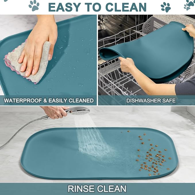 SMILOOL Waterproof Silicone Pet Food Mat with Raised Edge for Dog & Cat | 36" x 24" Non-Slip Large Pet Feeding Mats with Lip for Food & Water Bowl, Food Grade, Easy Cleaning, Salte Blue