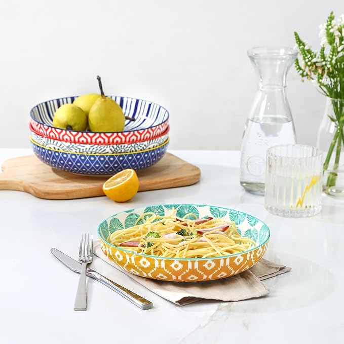 Selamica Ceramic Pasta Bowls Set of 4, 34 OZ Salad Bowls, 8.6 Inch Wide and Shallow Bowls, Microwave & Dishwasher Safe, Assorted Colors
