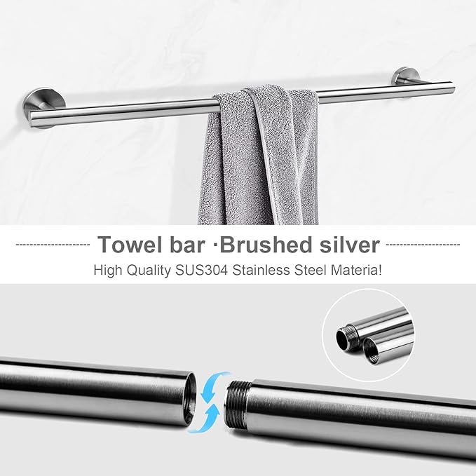 Brushed Nickel Bathroom Hardware Accessories Set 5 Piece, Stainless Steel Bath Towel Bar Set 24 Inch,Toilet Paper Holder,Towel Ring Holder,Towel Rack Set, Brushed Nickel
