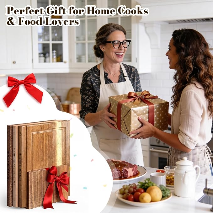 Book Cutting Board Set with Stand, 3PCS Acacia Book Cutting Boards, Library Chopping Board Set for Kitchen, Juice Groove, Three Categories of Tags, Gift for Book Lovers | Library Chopping Board Set for Kitchen, Juice Groove, Three Categories of Tags, G...