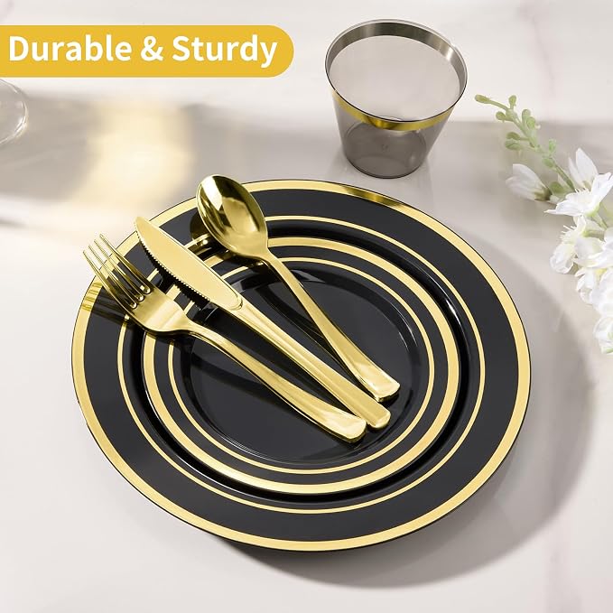 Goodluck 600 Pieces Black Plates for 100 Guests, Plastic Plates for Party, Dinnerware Set of 100 Dinner and 100 Dessert Plates, 100 Spoons, 100 Forks, 100 Knives, 100 Cups