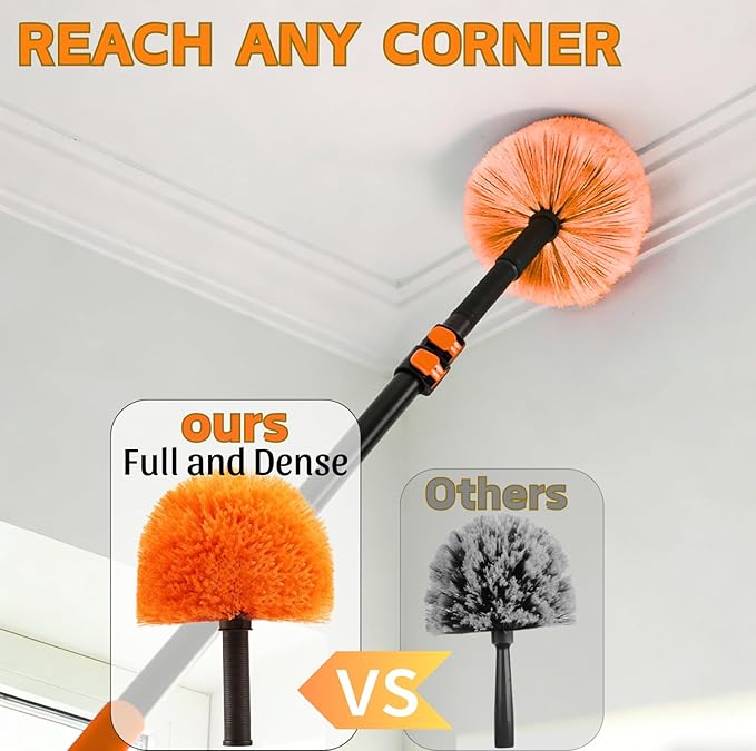 9pcs Screw on Webster Cobweb Duster Head for Pole | Spider Web Remover Brush | Cobweb Duster Head Attachment | Fits Standard 3/4 inch Threaded Poles (Orange)