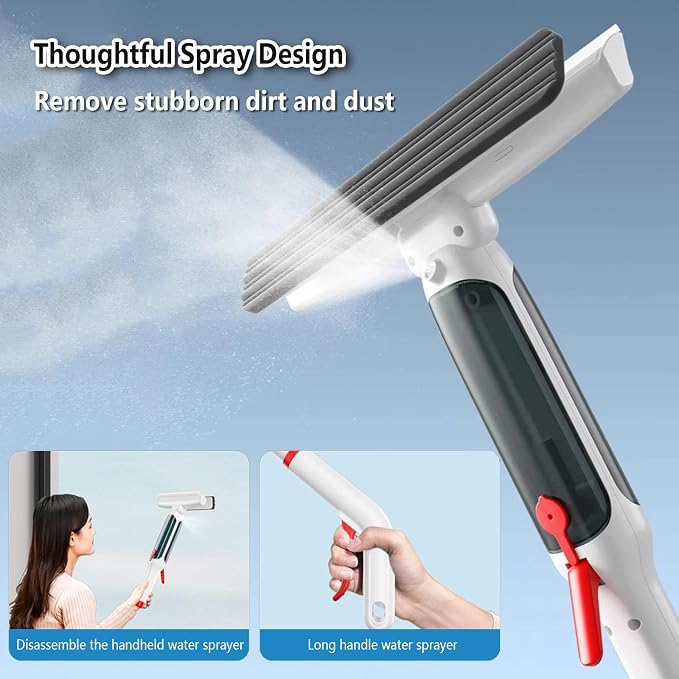 75'' Spray Window Squeegee with Extension Pole with 4-Section Extension Pole, 4 in 1 Shower Glass Cleaner Squeegee Windshield Cleaner Tool with Sewage Collector and 5 Pads