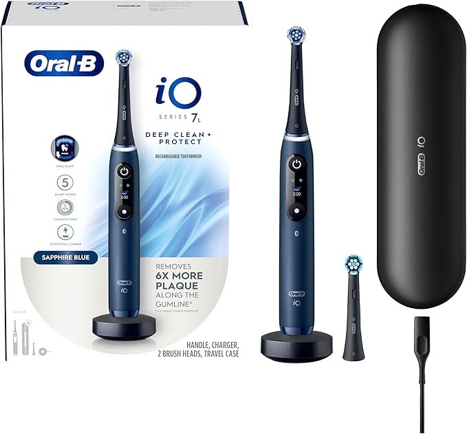 Oral-B iO Deep Clean + Protect Rechargeable Electric Toothbrush, Saphire Blue, iO Series 7, 2 Replacement Brush Heads, Charging Travel Case