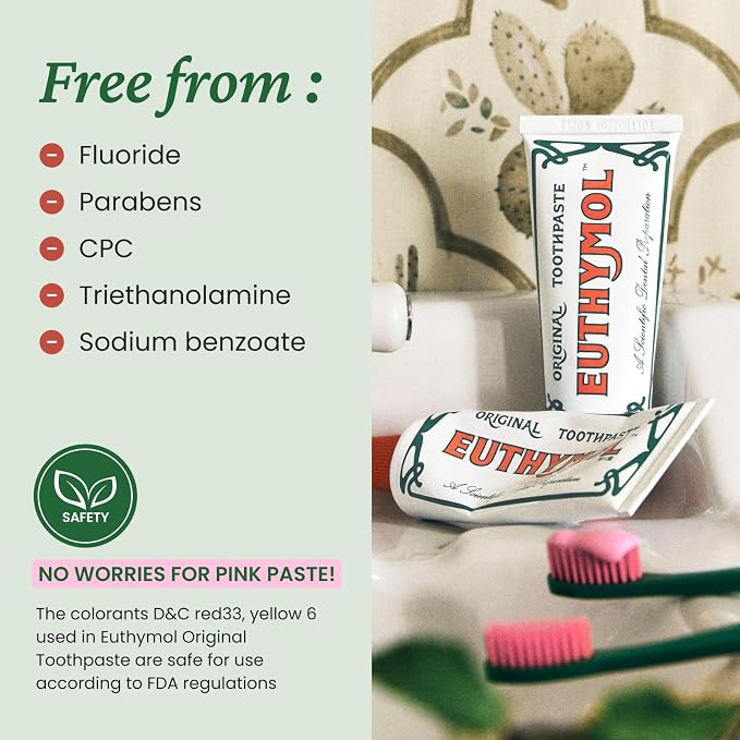 EUTHYMOL Original Pink Toothpaste, Fluoride-Free | 3.7 fl oz*3 (3 Pack) | Fluoride-Free Toothpaste for Sensitive Teeth & Gum. Bad Breath, Cavity Prevention, 12-Hour Long Lasting Freshness