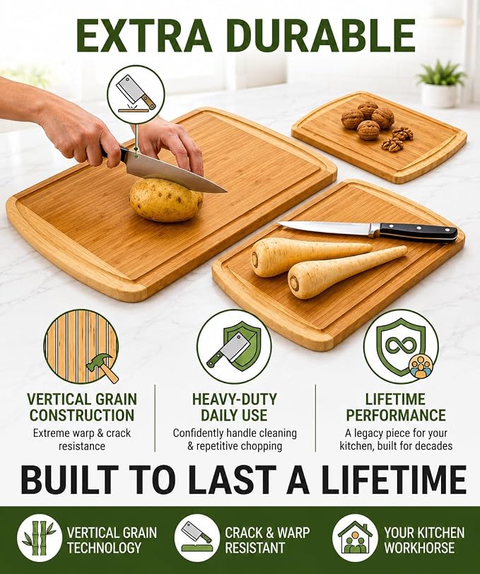 Greener Chef Luxury XL Bamboo Cutting Board Set of 3 with Vertical Grain Strength Technology - Extra Large Wood Cutting Boards for Kitchen and Lightweight Chopping Board Set - Replacements for Life