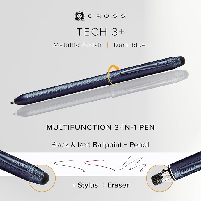 Cross Tech3+ Dark Blue PVD Multifunction Pen - Multifunctional Pen & Pencil for Versatile Use - Multiple Writing Tips - 2-Way Rotation Mechanism - Built-In Stylus - Corporate Gifts - Black Ink