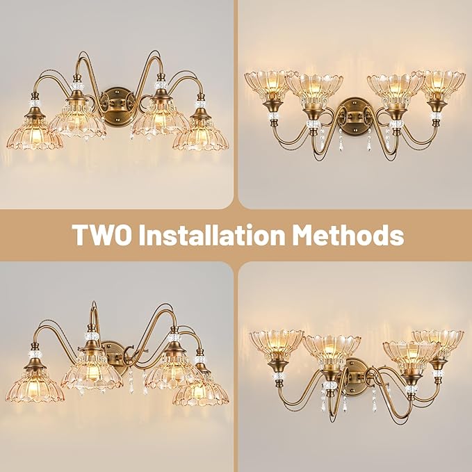 Vintage Bathroom Vanity Light, 4-Light Matte Antique Brass Finish Wall Sconce with Hanging Crystal Accents and Flower-Shaped Amber Glass Shades, Retro Wall Mount Vanity Light Over Mirror for Bathroom