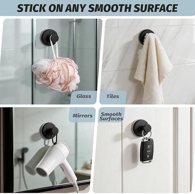 Large 15lb Suction Cup Hooks for Shower, No-Drill Bathroom Towel Hooks for Robes, Loofah, Removable Mountable on Glass, Tile, Mirrors, Smooth Non-Porous Surfaces (2, Matte Black)