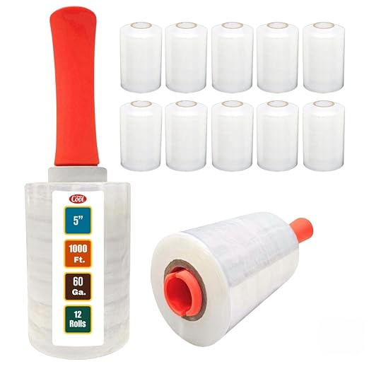 12 Pack Industrial Strength Mini Hand Stretch Wrap with 2 Plastic Handles, 60 Gauge Thick, 5" x 1000 Ft Roll, Shrink Wrap Roll for Moving Pallets, Plastic Wrap for Packing, Heavy Duty Stretch Film