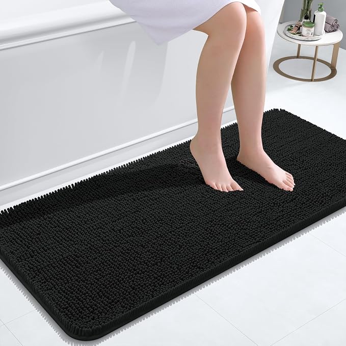 OLANLY Bathroom Runner Rugs 47x20, Extra Soft Absorbent Chenille Bath Rugs, Rubber Backing Quick Dry, Machine Washable Long Bath Mats for Bathroom Floor, Tub and Shower, Home Decor Accessories, Black