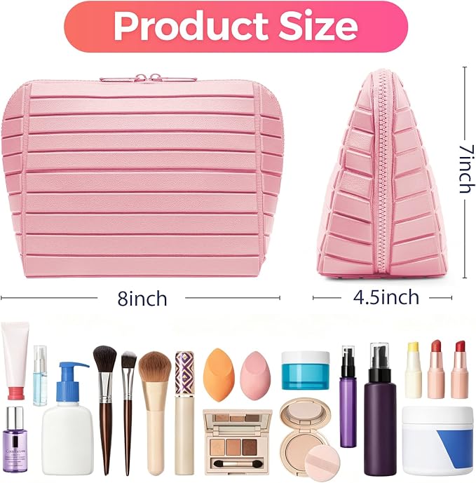 Travel Makeup Organizer Bag with Fold-Down Design and Adjustable Dividers, 27 Pockets & 3 Brush Storage Holders, Large Capacity Cosmetic Bags Toiletry Case - Pink