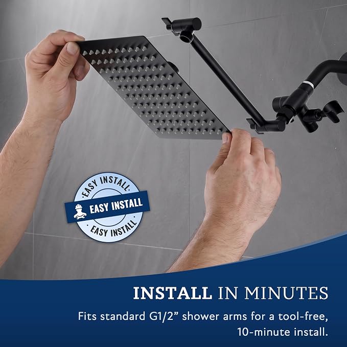 G-Promise All Metal 10" Dual Square Shower Head Combo | Rain Shower Head | Handheld Shower Wand | Adjustable | 3-Way Diverter | 71" Extra Long Hose - A Bathroom Upgrade (Matte Black)